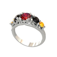 Garnet, siyah zirkon ve sitrin 14 ayar beyaz altın yüzük