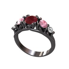 Kök yakut, pembe kuvars ve beyaz zirkon 925 ayar siyah rodyum kaplama gümüş yüzük