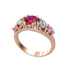 Eden 5 Taş Yüzük - Rodolit garnet, beyaz zirkon ve pembe kuvars 8 ayar rose altın yüzük #eglp2g