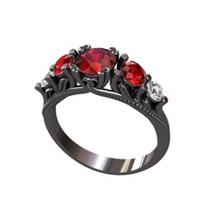 Eden 5 Taş Yüzük - Garnet ve beyaz zirkon 925 ayar siyah rodyum kaplama gümüş yüzük #ejfxdu