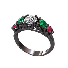 Eden 5 Taş Yüzük - Swarovski, yeşil kuvars ve rodolit garnet 925 ayar siyah rodyum kaplama gümüş yüzük #ep6qg7