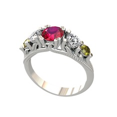 Eden 5 Taş Yüzük - Rodolit garnet, beyaz zirkon ve peridot 8 ayar beyaz altın yüzük #g0609b