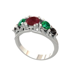 Kök yakut, yeşil kuvars ve siyah zirkon 14 ayar beyaz altın yüzük