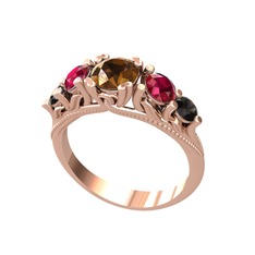Dumanlı kuvars, rodolit garnet ve siyah zirkon 8 ayar rose altın yüzük