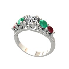 Eden 5 Taş Yüzük - Pırlanta, kök zümrüt ve kök yakut 8 ayar beyaz altın yüzük (0.92 karat) #gue8k0