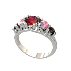 Garnet, pembe kuvars ve siyah zirkon 14 ayar beyaz altın yüzük