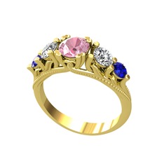 Eden 5 Taş Yüzük - Pembe kuvars, swarovski ve lab safir 8 ayar altın yüzük #hdl5b7