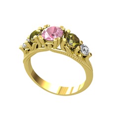 Pembe kuvars, peridot ve swarovski 8 ayar altın yüzük