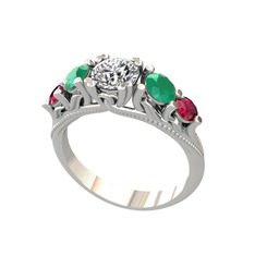 Pırlanta, kök zümrüt ve rodolit garnet 14 ayar beyaz altın yüzük (0.92 karat)