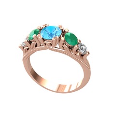 Akuamarin, kök zümrüt ve swarovski 8 ayar rose altın yüzük