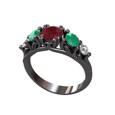 Eden 5 Taş Yüzük - Kök yakut, kök zümrüt ve pırlanta 925 ayar siyah rodyum kaplama gümüş yüzük (0.36 karat) #iyh5ar