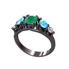 Eden 5 Taş Yüzük - Kök zümrüt, akuamarin ve pırlanta 925 ayar siyah rodyum kaplama gümüş yüzük (0.36 karat) #izepj6