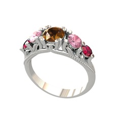 Dumanlı kuvars, pembe kuvars ve rodolit garnet 18 ayar beyaz altın yüzük