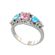 Pembe kuvars, akuamarin ve swarovski 18 ayar beyaz altın yüzük