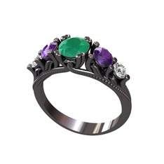 Eden 5 Taş Yüzük - Kök zümrüt, ametist ve pırlanta 925 ayar siyah rodyum kaplama gümüş yüzük (0.36 karat) #jp8jjs
