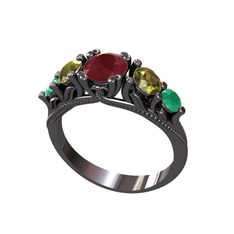 Eden 5 Taş Yüzük - Kök yakut, peridot ve kök zümrüt 925 ayar siyah rodyum kaplama gümüş yüzük #jrcndl
