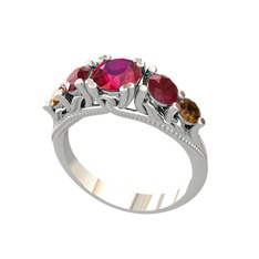 Eden 5 Taş Yüzük - Rodolit garnet, kök yakut ve dumanlı kuvars 18 ayar beyaz altın yüzük #jyfj1v