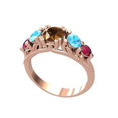 Dumanlı kuvars, akuamarin ve rodolit garnet 14 ayar rose altın yüzük