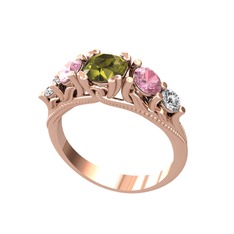 Eden 5 Taş Yüzük - Peridot, pembe kuvars ve pırlanta 925 ayar rose altın kaplama gümüş yüzük (0.36 karat) #l4zczi