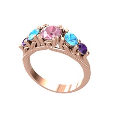 Pembe kuvars, akuamarin ve ametist 925 ayar rose altın kaplama gümüş yüzük