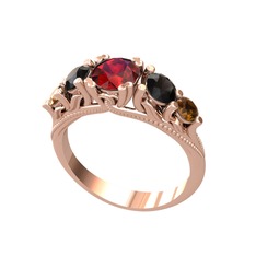 Garnet, siyah zirkon ve dumanlı kuvars 8 ayar rose altın yüzük