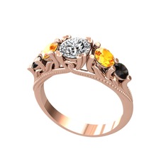 Pırlanta, sitrin ve siyah zirkon 925 ayar rose altın kaplama gümüş yüzük (0.92 karat)