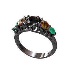 Eden 5 Taş Yüzük - Siyah zirkon, dumanlı kuvars ve kök zümrüt 925 ayar siyah rodyum kaplama gümüş yüzük #n3pzic