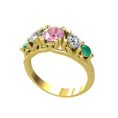 Eden 5 Taş Yüzük - Pembe kuvars, swarovski ve kök zümrüt 8 ayar altın yüzük #n93u8x