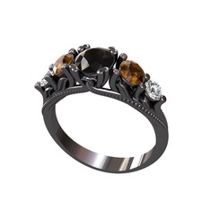 Eden 5 Taş Yüzük - Siyah zirkon, dumanlı kuvars ve pırlanta 925 ayar siyah rodyum kaplama gümüş yüzük (0.36 karat) #ncoopp