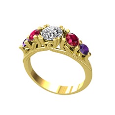 Pırlanta, rodolit garnet ve ametist 925 ayar altın kaplama gümüş yüzük (0.92 karat)