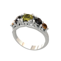 Peridot, siyah zirkon ve dumanlı kuvars 8 ayar beyaz altın yüzük