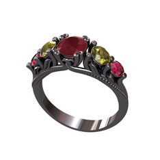 Eden 5 Taş Yüzük - Kök yakut, peridot ve rodolit garnet 925 ayar siyah rodyum kaplama gümüş yüzük #nxydgu