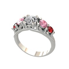 Beyaz zirkon, pembe kuvars ve garnet 8 ayar beyaz altın yüzük