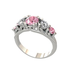 Pembe kuvars ve beyaz zirkon 8 ayar beyaz altın yüzük
