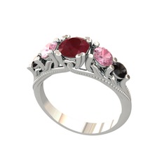 Kök yakut, pembe kuvars ve siyah zirkon 14 ayar beyaz altın yüzük