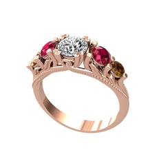 Eden 5 Taş Yüzük - Beyaz zirkon, rodolit garnet ve dumanlı kuvars 14 ayar rose altın yüzük #p0730k