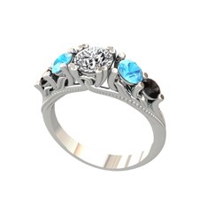 Swarovski, akuamarin ve siyah zirkon 14 ayar beyaz altın yüzük