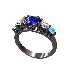 Eden 5 Taş Yüzük - Lab safir, beyaz zirkon ve akuamarin 925 ayar siyah rodyum kaplama gümüş yüzük #p5hzi8