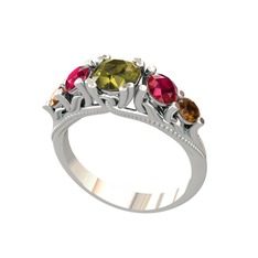 Peridot, rodolit garnet ve dumanlı kuvars 8 ayar beyaz altın yüzük