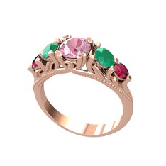 Eden 5 Taş Yüzük - Pembe kuvars, kök zümrüt ve rodolit garnet 14 ayar rose altın yüzük #q2kqex