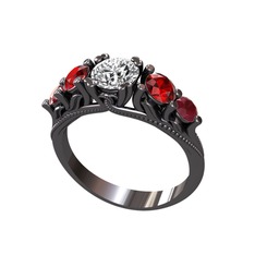 Swarovski, garnet ve kök yakut 925 ayar siyah rodyum kaplama gümüş yüzük