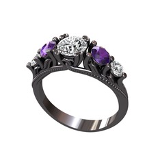 Eden 5 Taş Yüzük - Swarovski, ametist ve pırlanta 925 ayar siyah rodyum kaplama gümüş yüzük (0.36 karat) #qs5tc6