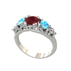 Kök yakut, akuamarin ve swarovski 18 ayar beyaz altın yüzük