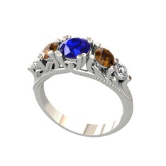 Eden 5 Taş Yüzük - Lab safir, dumanlı kuvars ve beyaz zirkon 14 ayar beyaz altın yüzük #r5vkys