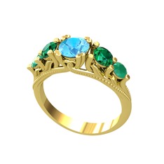 Akuamarin, yeşil kuvars ve kök zümrüt 925 ayar altın kaplama gümüş yüzük