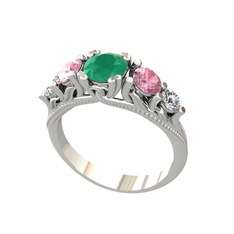 Kök zümrüt, pembe kuvars ve swarovski 18 ayar beyaz altın yüzük