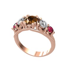 Dumanlı kuvars, beyaz zirkon ve rodolit garnet 8 ayar rose altın yüzük