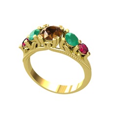 Dumanlı kuvars, kök zümrüt ve rodolit garnet 925 ayar altın kaplama gümüş yüzük