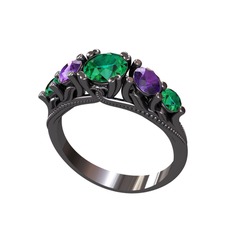 Eden 5 Taş Yüzük - Yeşil kuvars ve ametist 925 ayar siyah rodyum kaplama gümüş yüzük #skffvr