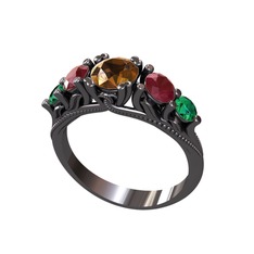 Eden 5 Taş Yüzük - Dumanlı kuvars, kök yakut ve yeşil kuvars 925 ayar siyah rodyum kaplama gümüş yüzük #spjaaz